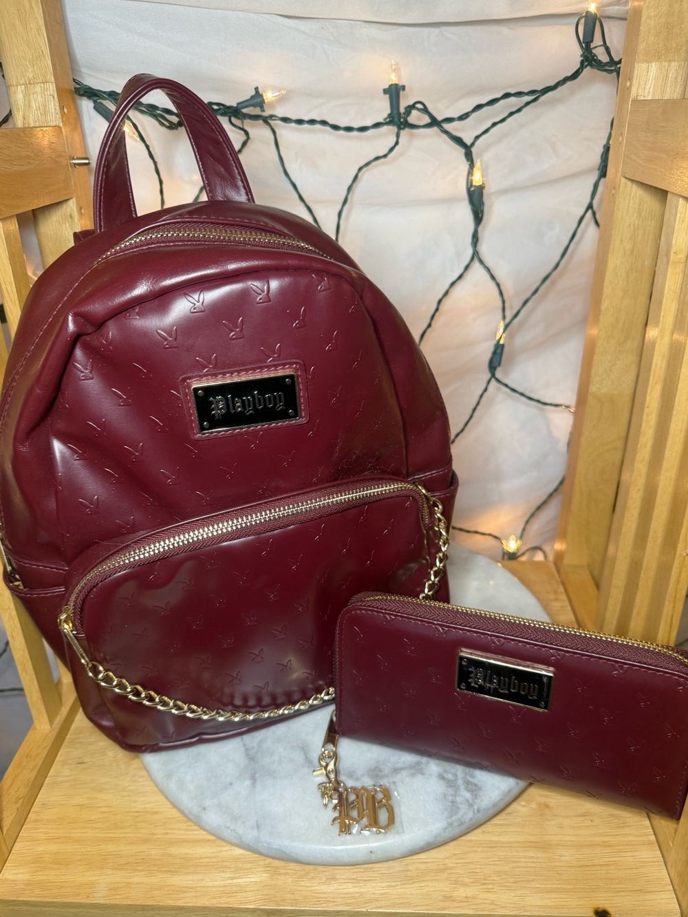 ✨ NWOT Playboy Burgundy Embossed Mini Backpack & Matching Wallet Set